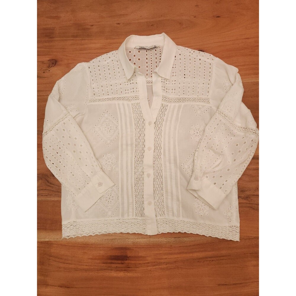 Zara White Embroidered Eyelet Lace Button-Down Women's Size XS Boho Cottagecore